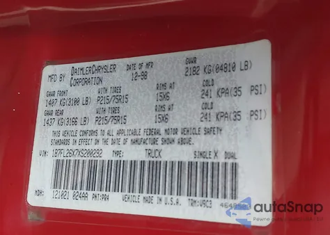 1999 Dodge Dakota Slt/Sport из США, поврежденный, VIN 1B7FL26X7XS200292